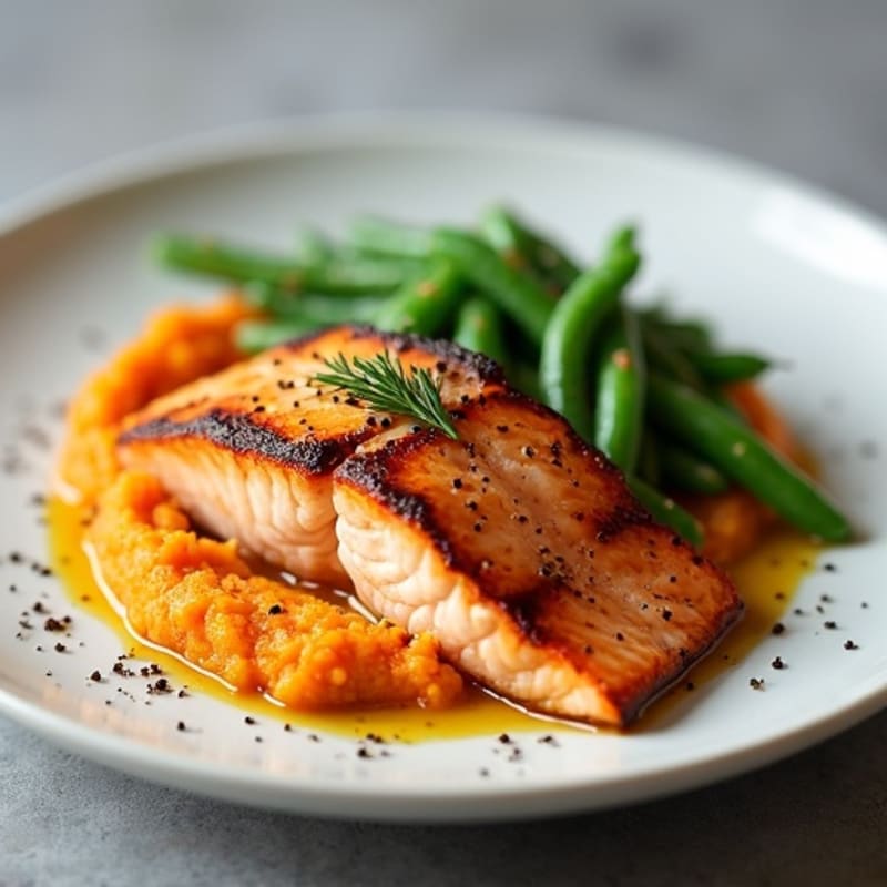 Seared Salmon with Garlic Green Beans and Sweet Potato Mash
