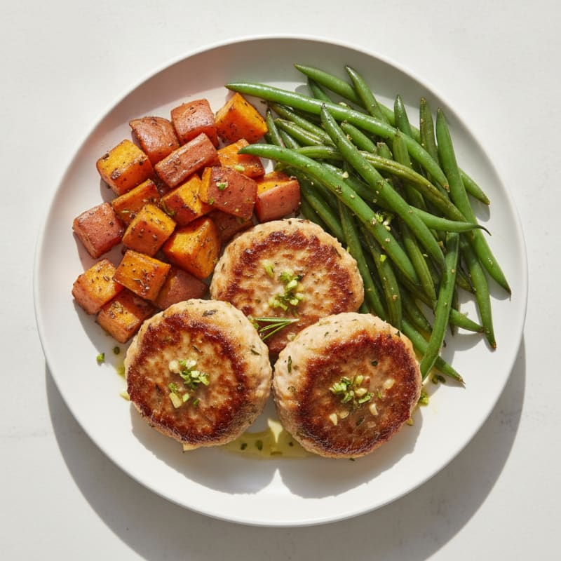 Seared Garlic Herb Turkey Patties with Roasted Sweet Potatoes and Green Beans