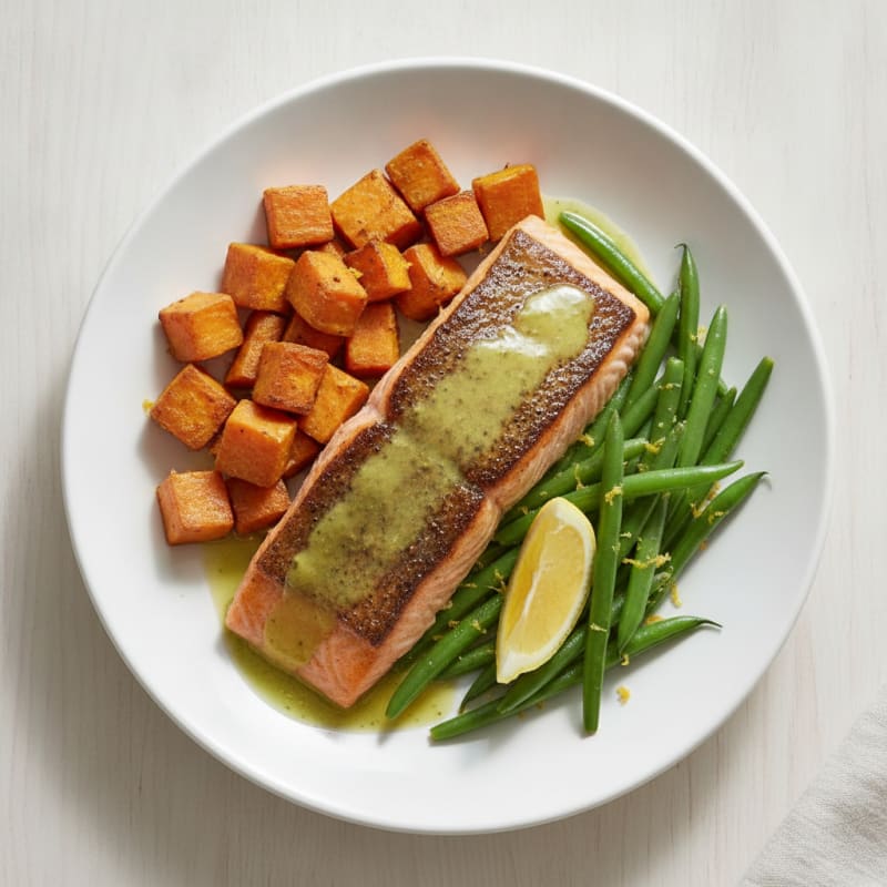 Seared Salmon with Roasted Sweet Potatoes and Green Beans