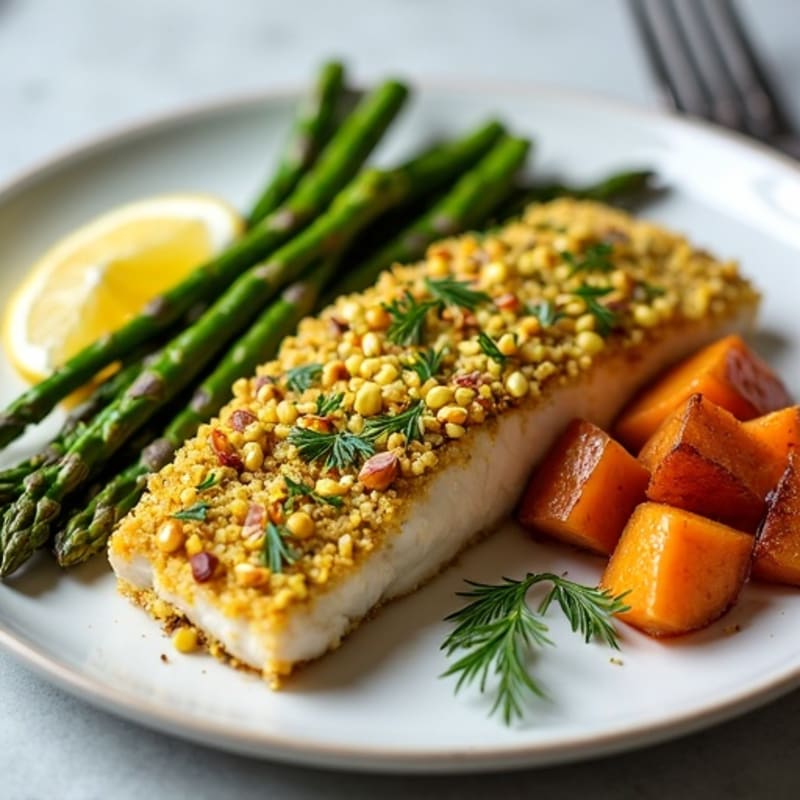 Pistachio Crusted Cod with Lemon-Dill Roasted Asparagus and Sweet Potato