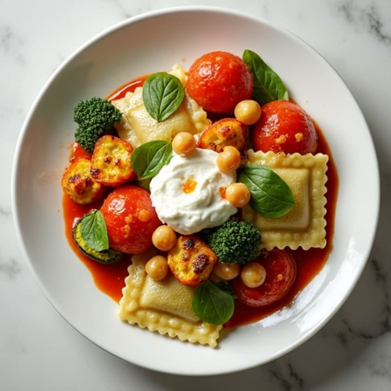 Spinach Ravioli with Roasted Vegetables and Light Tomato Sauce