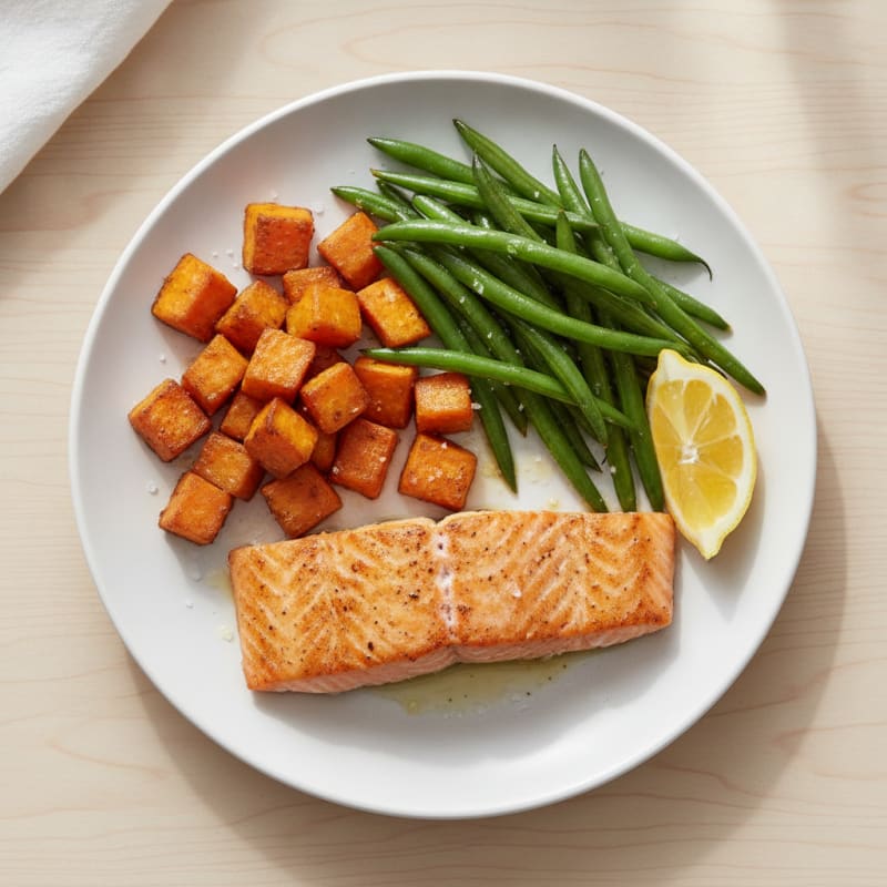 Seared Salmon Filet with Roasted Sweet Potatoes and Steamed Green Beans