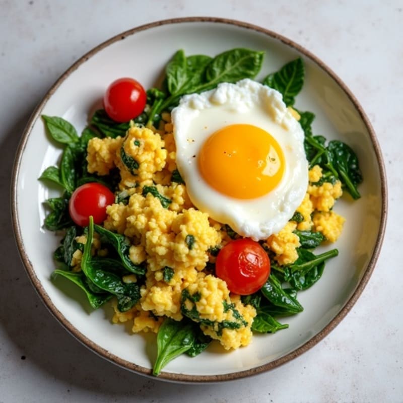 Cottage Cheese Egg Scramble with Spinach and Cherry Tomatoes