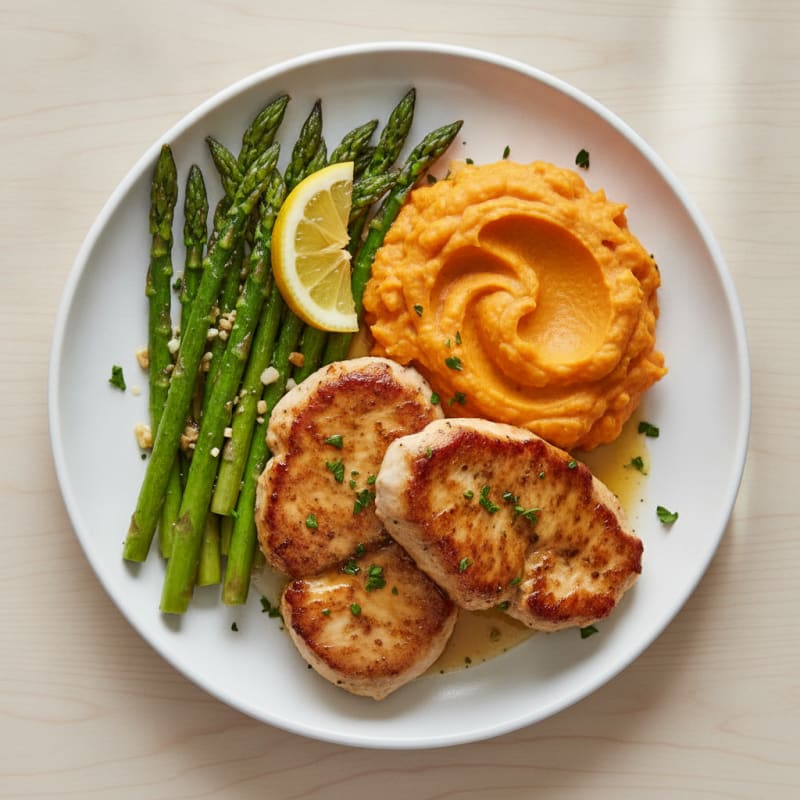 Seared Turkey Cutlets with Roasted Asparagus and Sweet Potato Mash