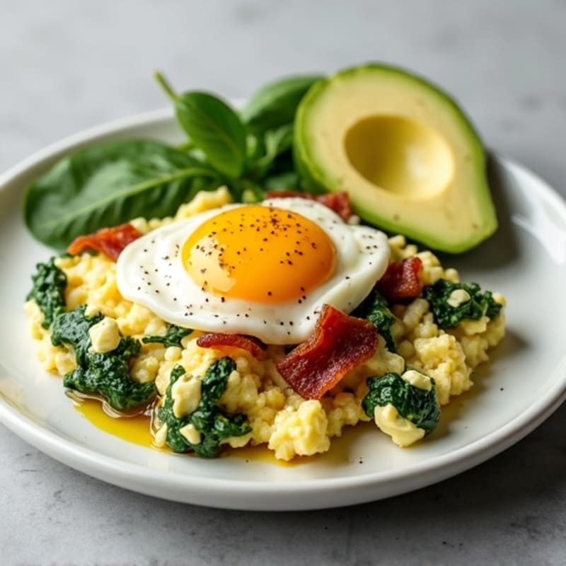 Egg White and Spinach Scramble with Cottage Cheese and Turkey Bacon