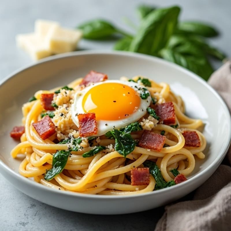Healthy Pasta Carbonara with Crispy Turkey Bacon