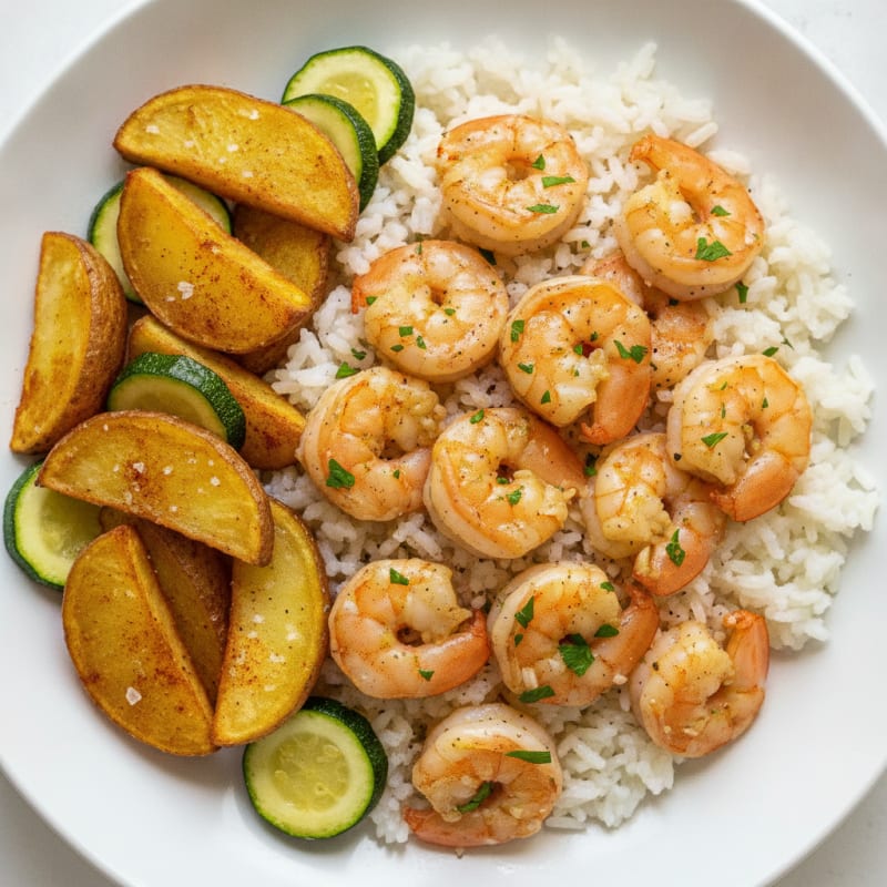 Garlic Shrimp with Roasted Potatoes and Rice
