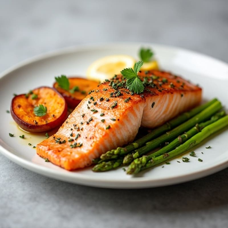 Seared Salmon Fillet with Roasted Sweet Potato and Asparagus