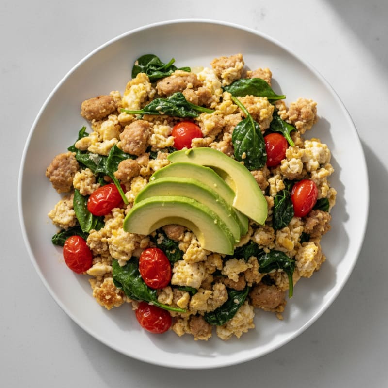 Egg White and Turkey Sausage Scramble with Spinach and Tomatoes
