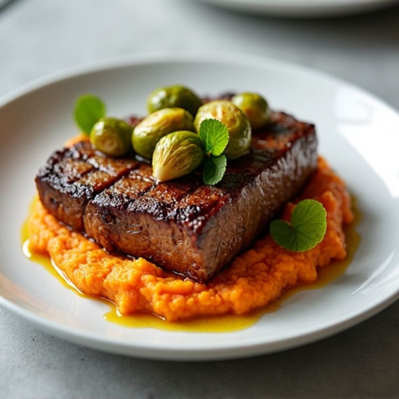 Pan-Seared Steak with Crispy Roasted Brussels Sprouts and Sweet Potato Mash