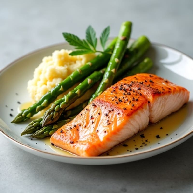 Seared Salmon with Steamed Asparagus and Mashed Cauliflower