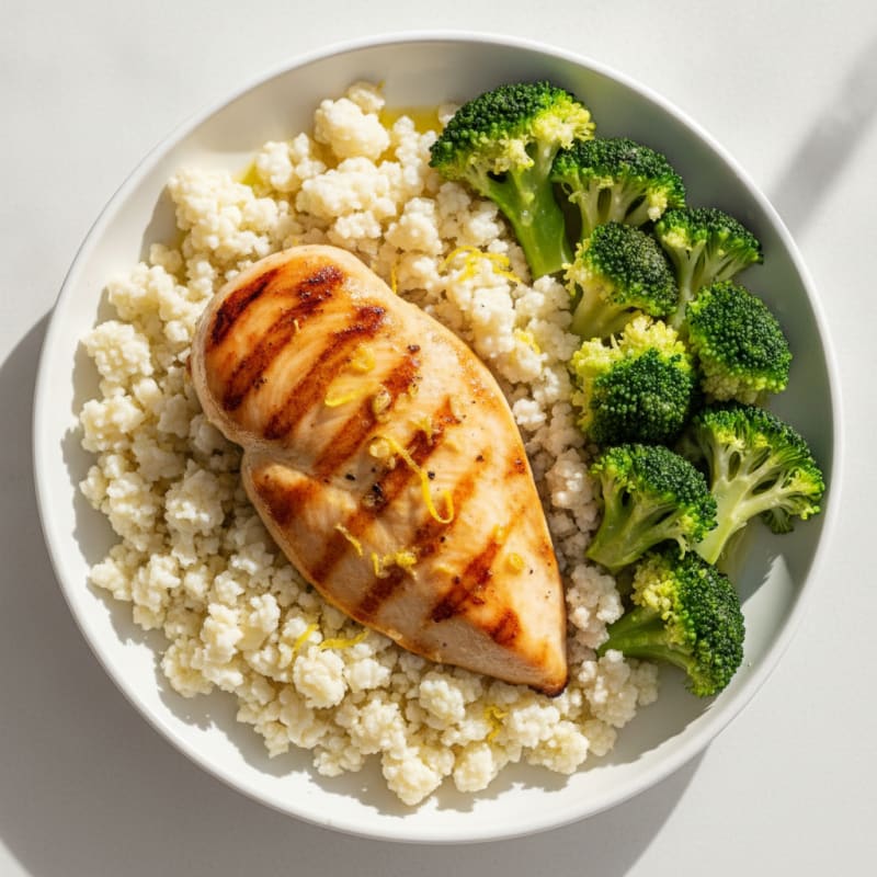 Grilled Chicken Breast with Steamed Broccoli and Cauliflower Rice
