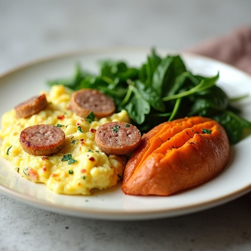 Egg White and Turkey Sausage Scramble with Spinach and Roasted Sweet Potato