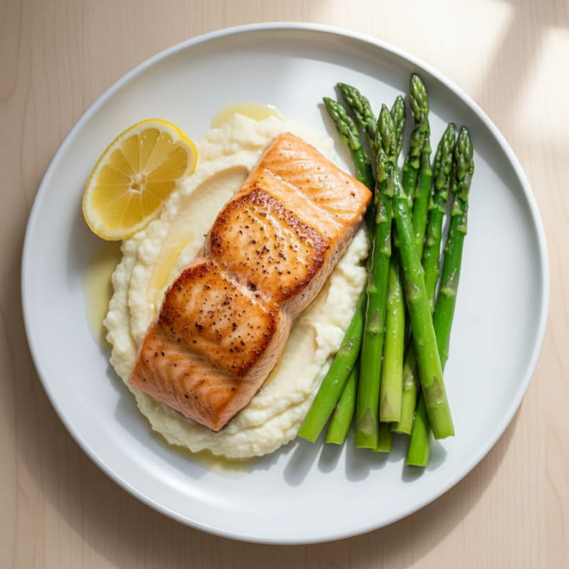 Seared Salmon Fillet with Steamed Asparagus and Mashed Cauliflower