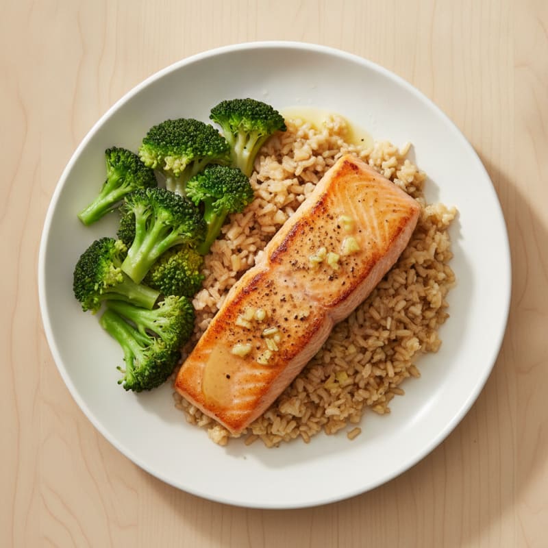 Seared Salmon with Steamed Broccoli and Garlic Brown Rice