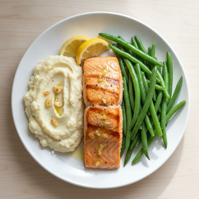Seared Salmon Fillet with Steamed Green Beans and Garlic Mashed Cauliflower