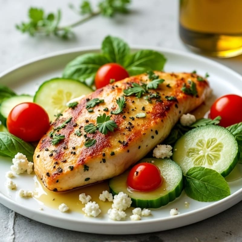 Pan-Seared Herb Chicken with Fresh Vegetable and Tangy Feta Salad