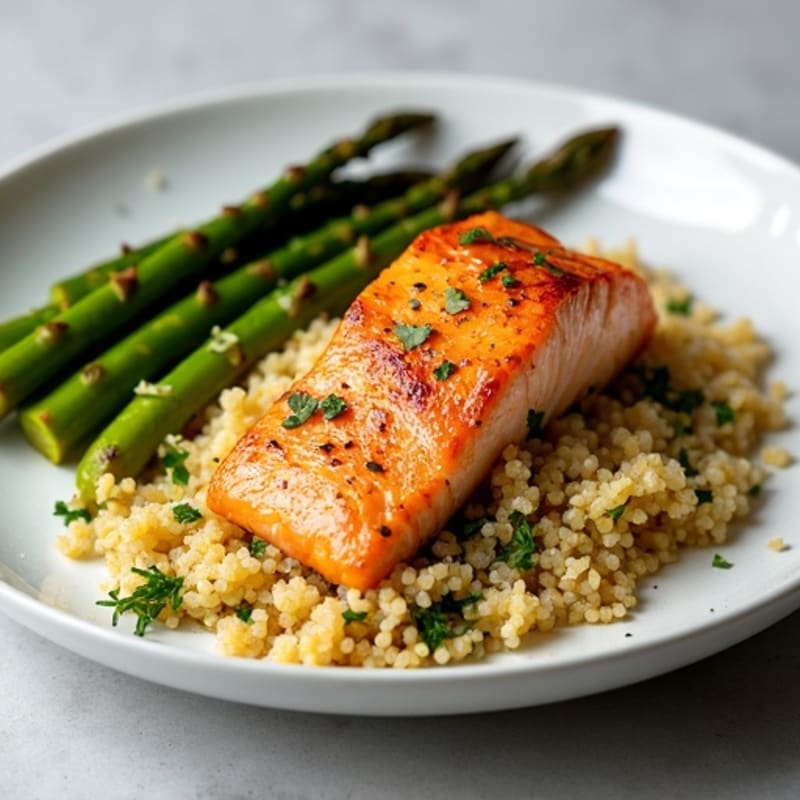 Pan-Seared Salmon with Garlic Quinoa and Roasted Asparagus