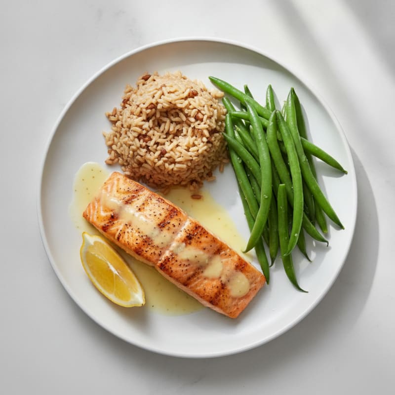 Seared Salmon Fillet with Steamed Green Beans and Brown Rice