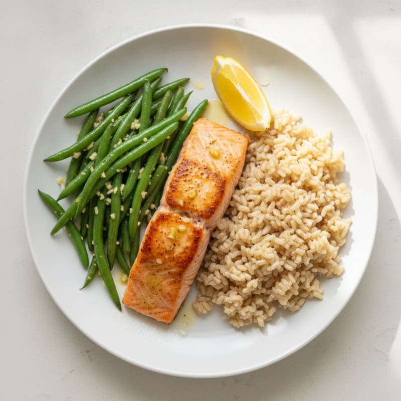 Seared Salmon with Garlic Green Beans and Steamed Brown Rice