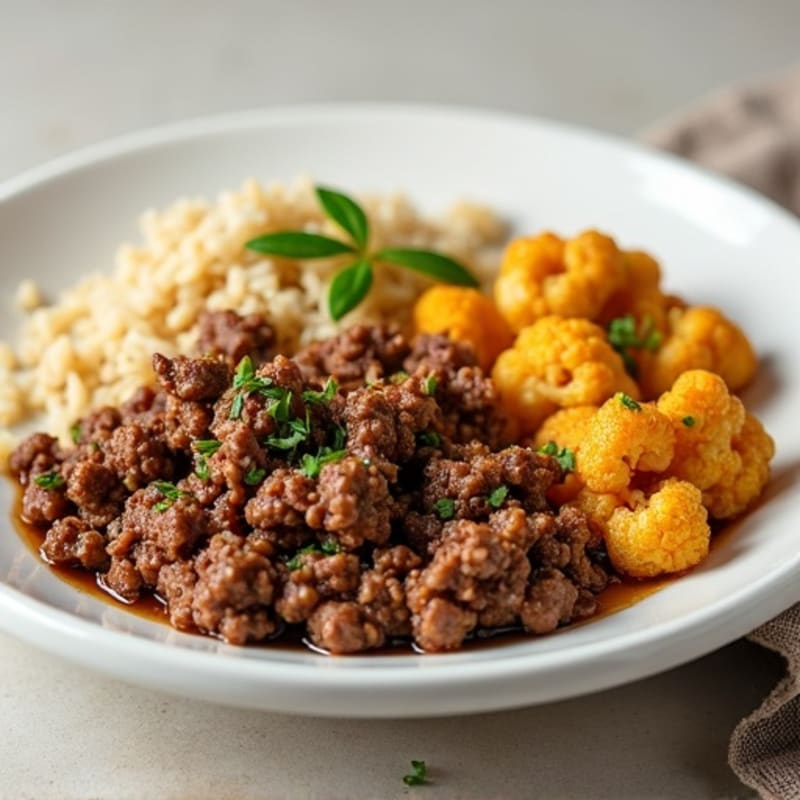 Savory Ground Beef with Crispy Roasted Cauliflower and Brown Rice