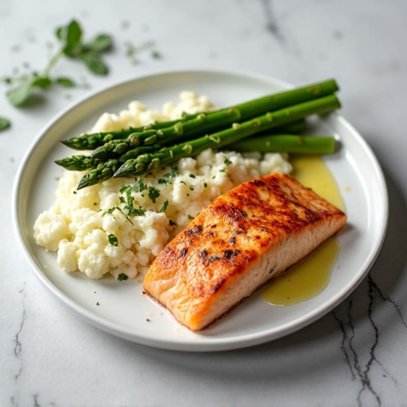 Seared Salmon with Steamed Asparagus and Cauliflower Mash