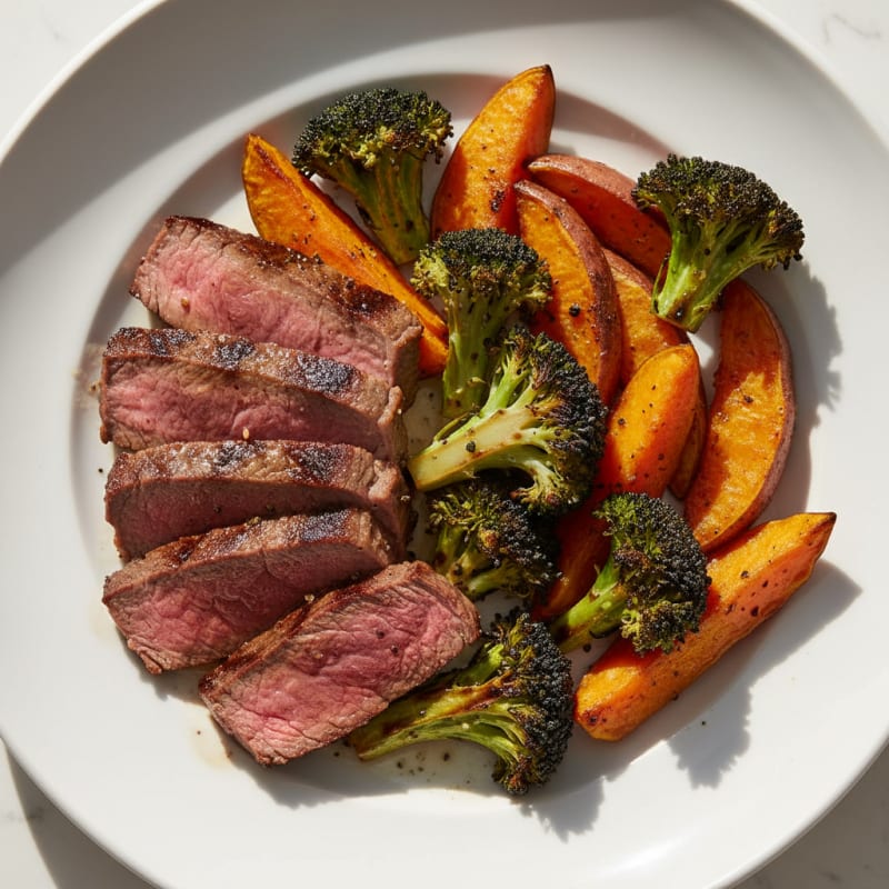 Grilled Beef Sirloin with Roasted Broccoli and Sweet Potato
