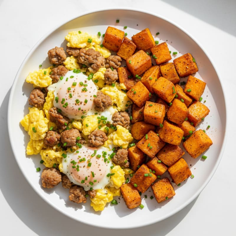 Scrambled Eggs with Turkey Sausage and Roasted Sweet Potatoes