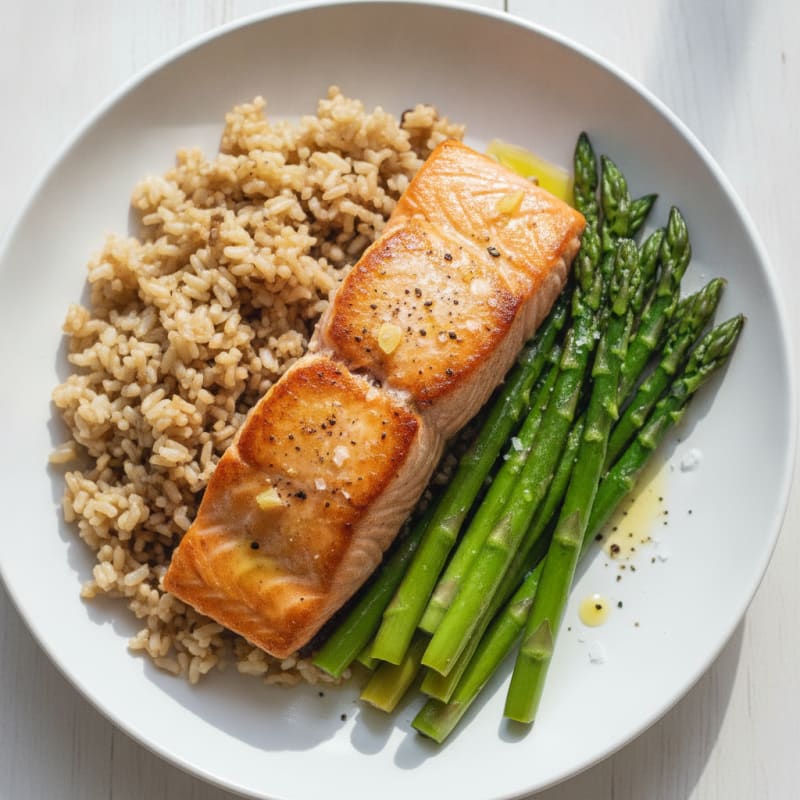Seared Salmon with Steamed Asparagus and Brown Rice