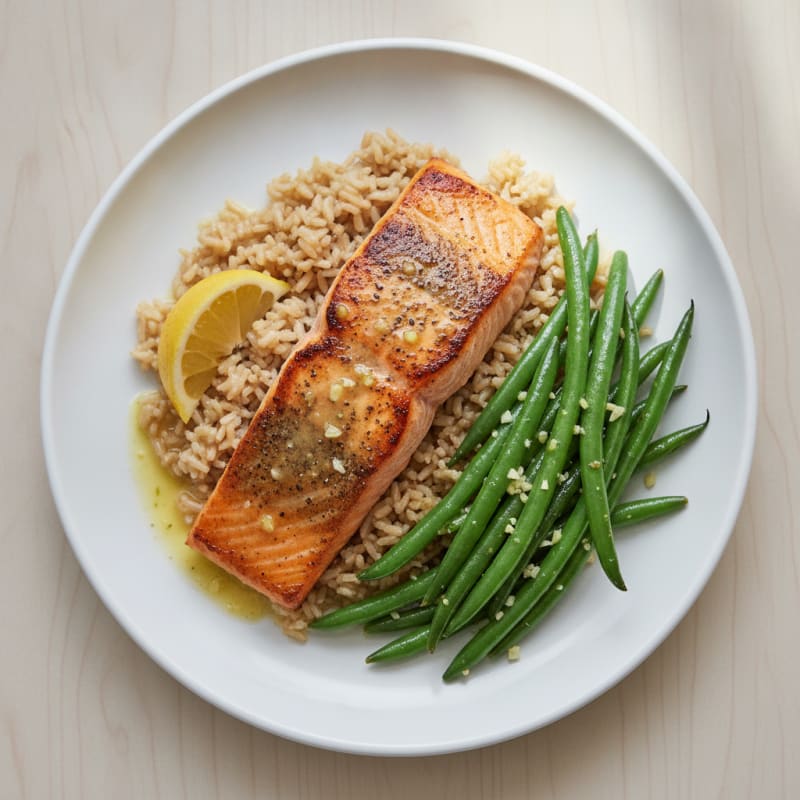 Seared Salmon Fillet with Garlic Green Beans and Brown Rice