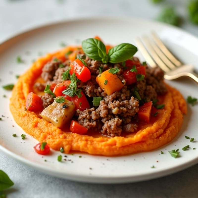 Savory Ground Beef and Vegetable Bake with Creamy Sweet Potato Mash