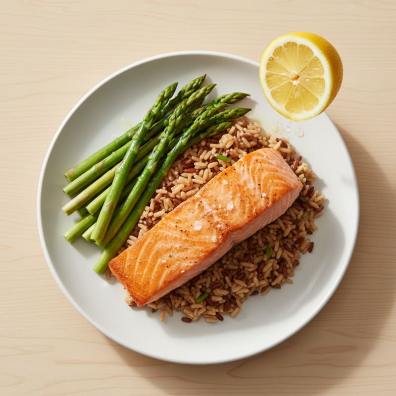 Seared Salmon with Steamed Asparagus and Brown Rice