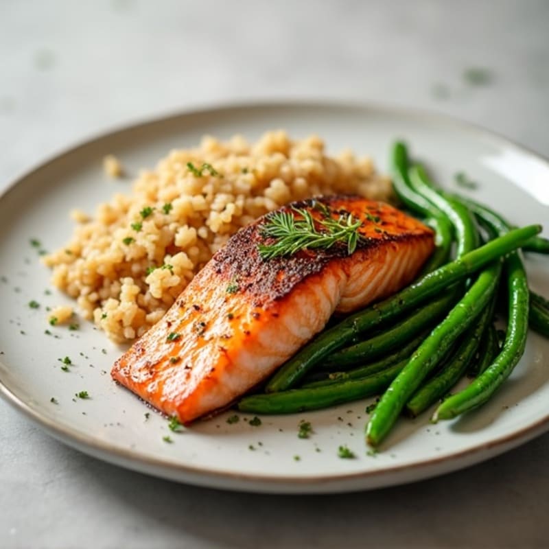 Seared Salmon with Garlic Green Beans and Brown Rice
