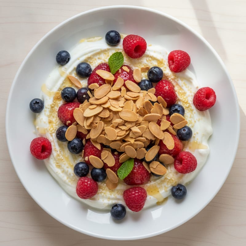 Greek Yogurt Protein Parfait with Mixed Berries and Almonds