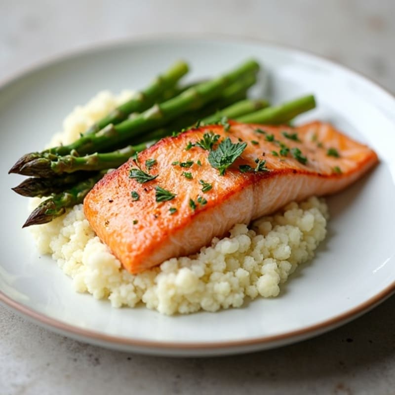 Seared Salmon Filet with Roasted Asparagus and Cauliflower Mash
