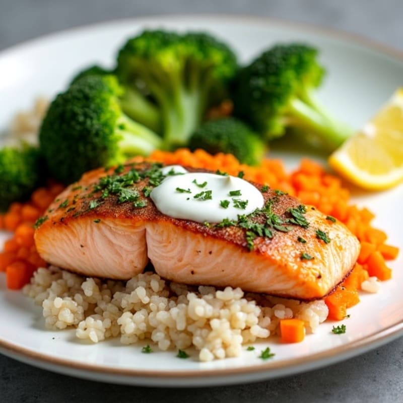 Herb-Roasted Salmon with Steamed Broccoli and Carrot Rice
