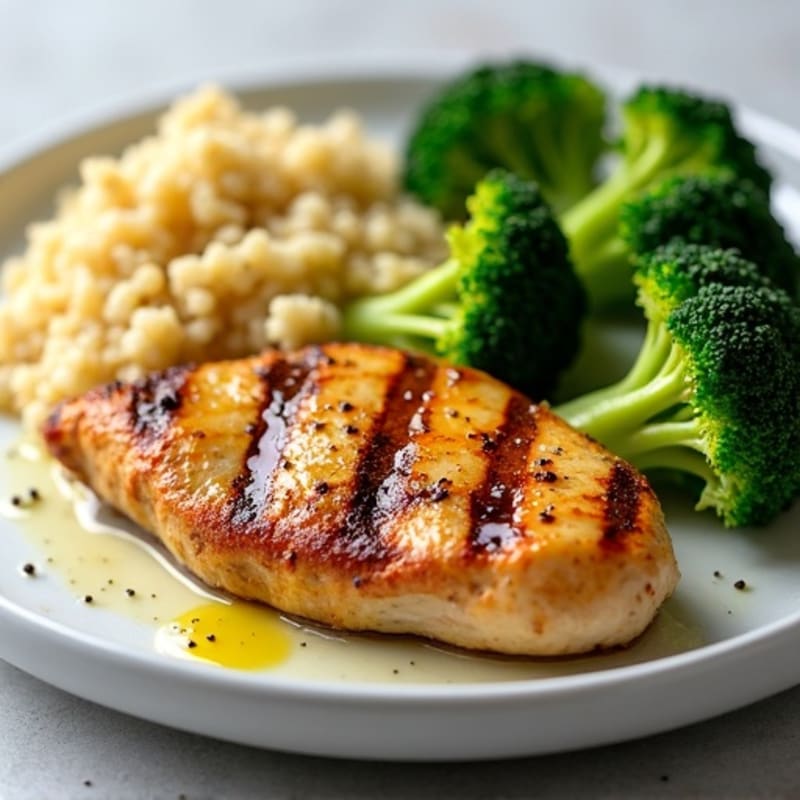Grilled Lemon Garlic Chicken Breast with Quinoa and Steamed Broccoli