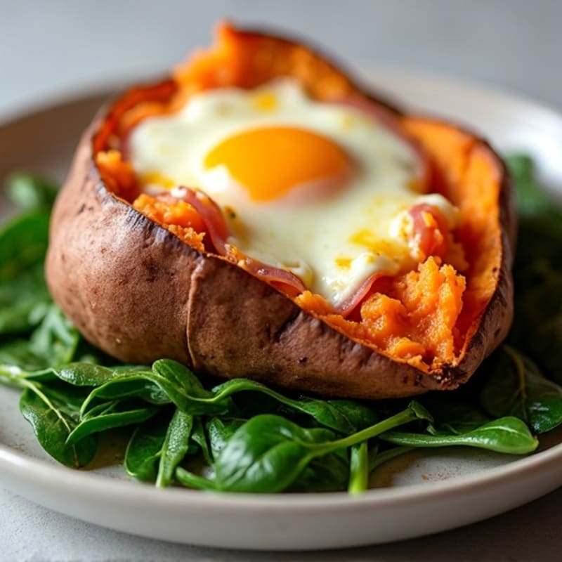 Ham and Swiss Melt Stuffed Roasted Sweet Potatoes with Sautéed Spinach