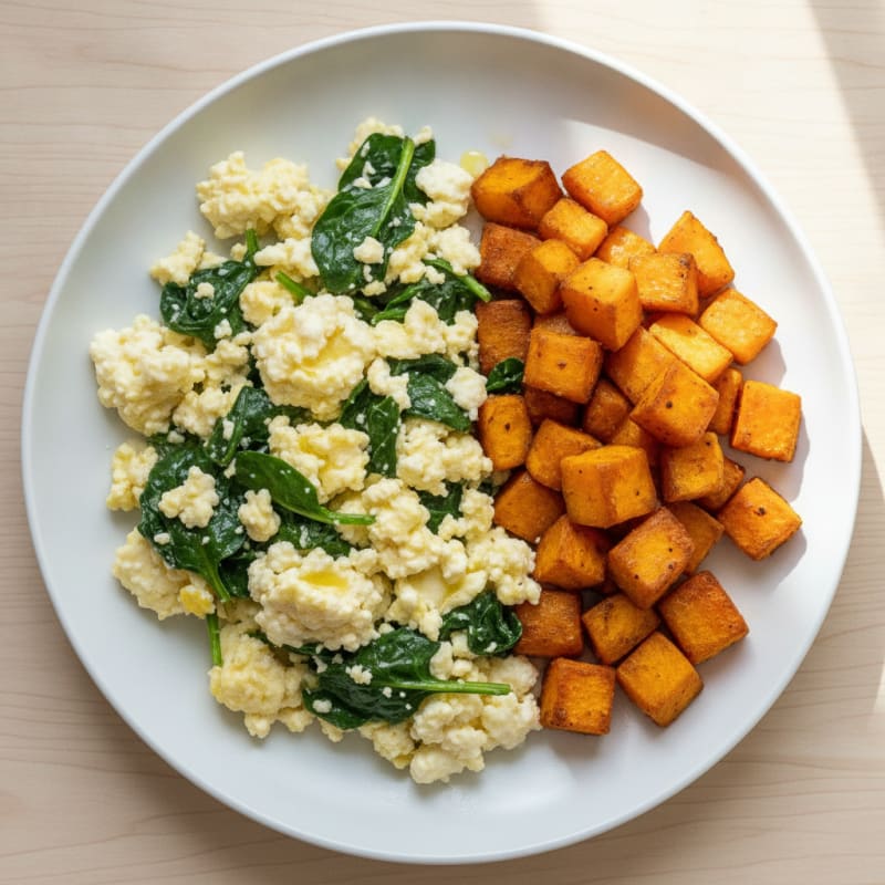 Cottage Cheese Scramble with Spinach and Roasted Sweet Potato