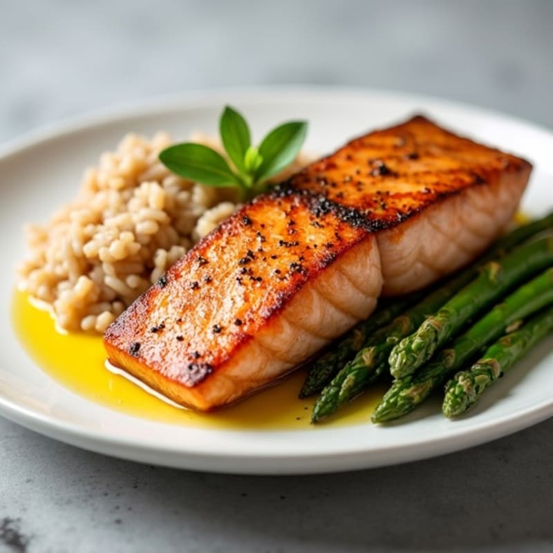 Seared Salmon Fillet with Steamed Asparagus and Brown Rice