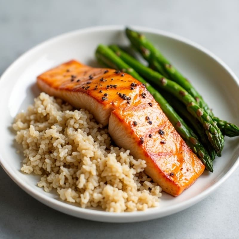 Seared Salmon with Steamed Asparagus and Brown Rice