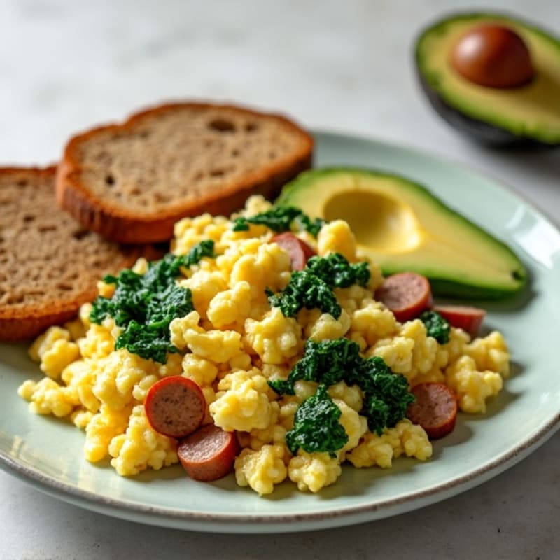 Egg White Scramble with Turkey Sausage and Sautéed Spinach