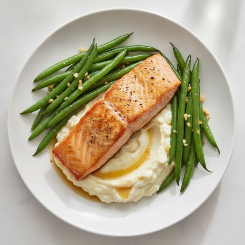 Seared Salmon Fillet with Garlic Green Beans and Cauliflower Mash