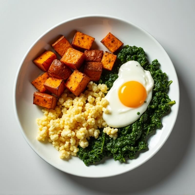 Egg White and Spinach Scramble with Cottage Cheese and Roasted Sweet Potato