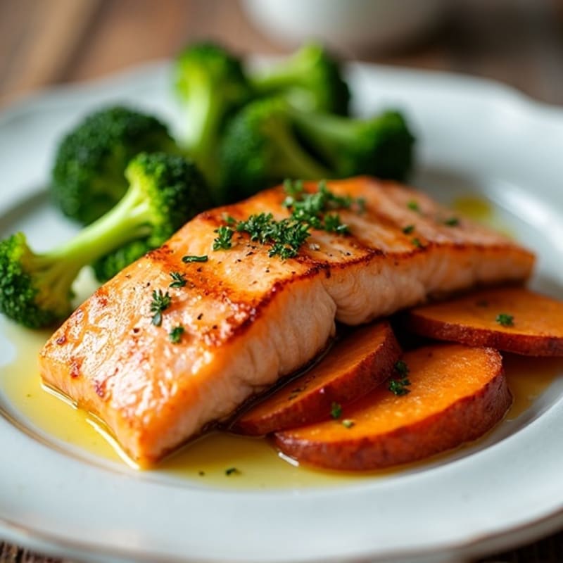 Seared Salmon Fillet with Roasted Sweet Potatoes and Steamed Broccoli