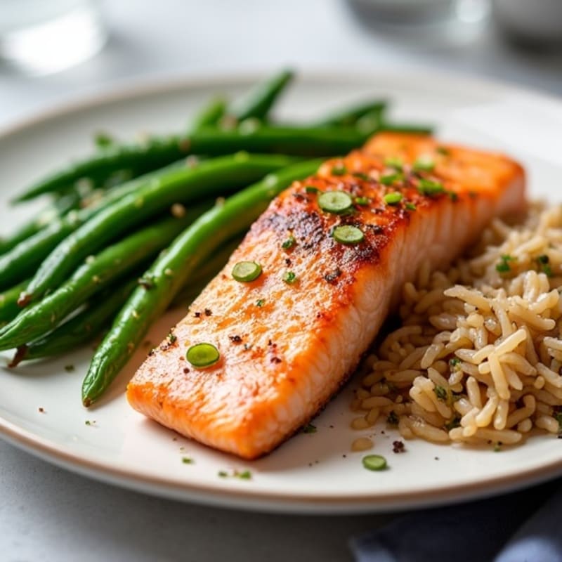 Seared Salmon with Garlic Green Beans and Brown Rice