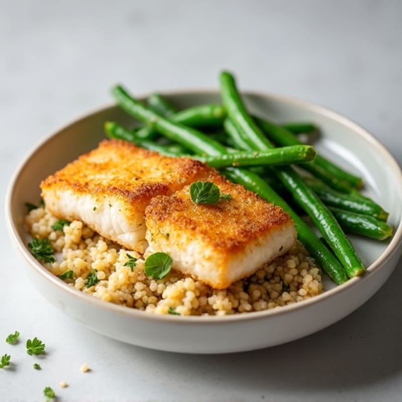 Crispy Baked Fish with Lemon-Garlic Green Beans and Quinoa