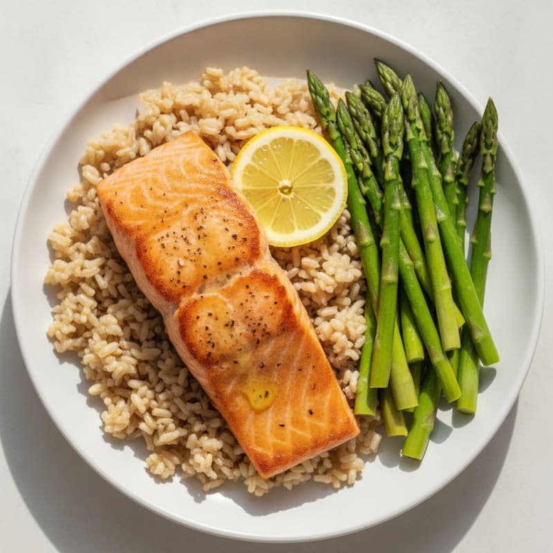 Pan Seared Salmon with Steamed Asparagus and Brown Rice
