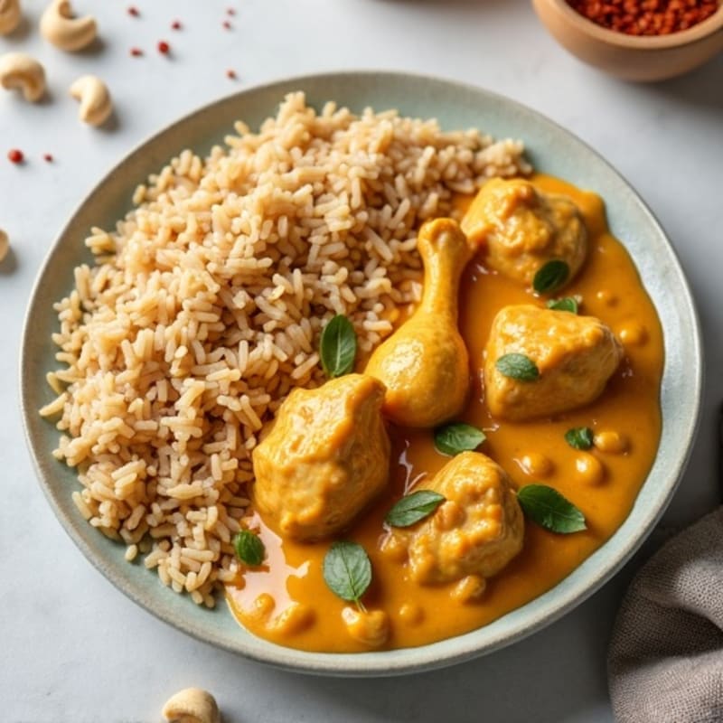 Creamy Coconut Curry Chicken with Crunchy Cashews and Brown Rice