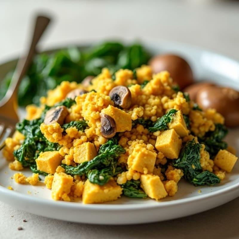 Creamy Turmeric Tofu Scramble with Sautéed Spinach and Mushrooms
